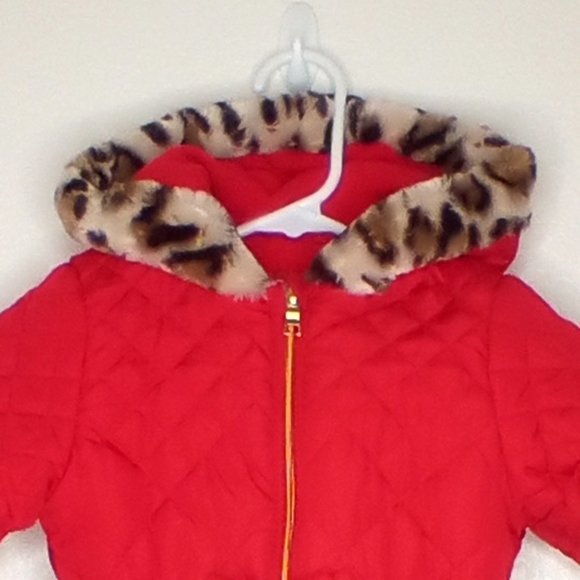 "Pistachio" Girls Quilted Hooded Coat Red & Animal Fur Trim (3T) - Picture 3 of 8